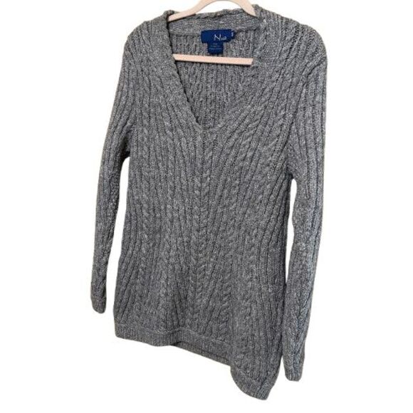 Nua of Ireland 100% Merino Wool Cable V Neck Sweater Womens Medium Gray Pullover - Picture 2 of 5